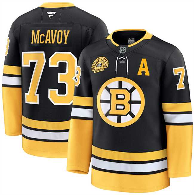 Mens Boston Bruins #73 Charlie McAvoy Black 100th Anniversary With Patch Stitched Hockey Jersey Dzhi